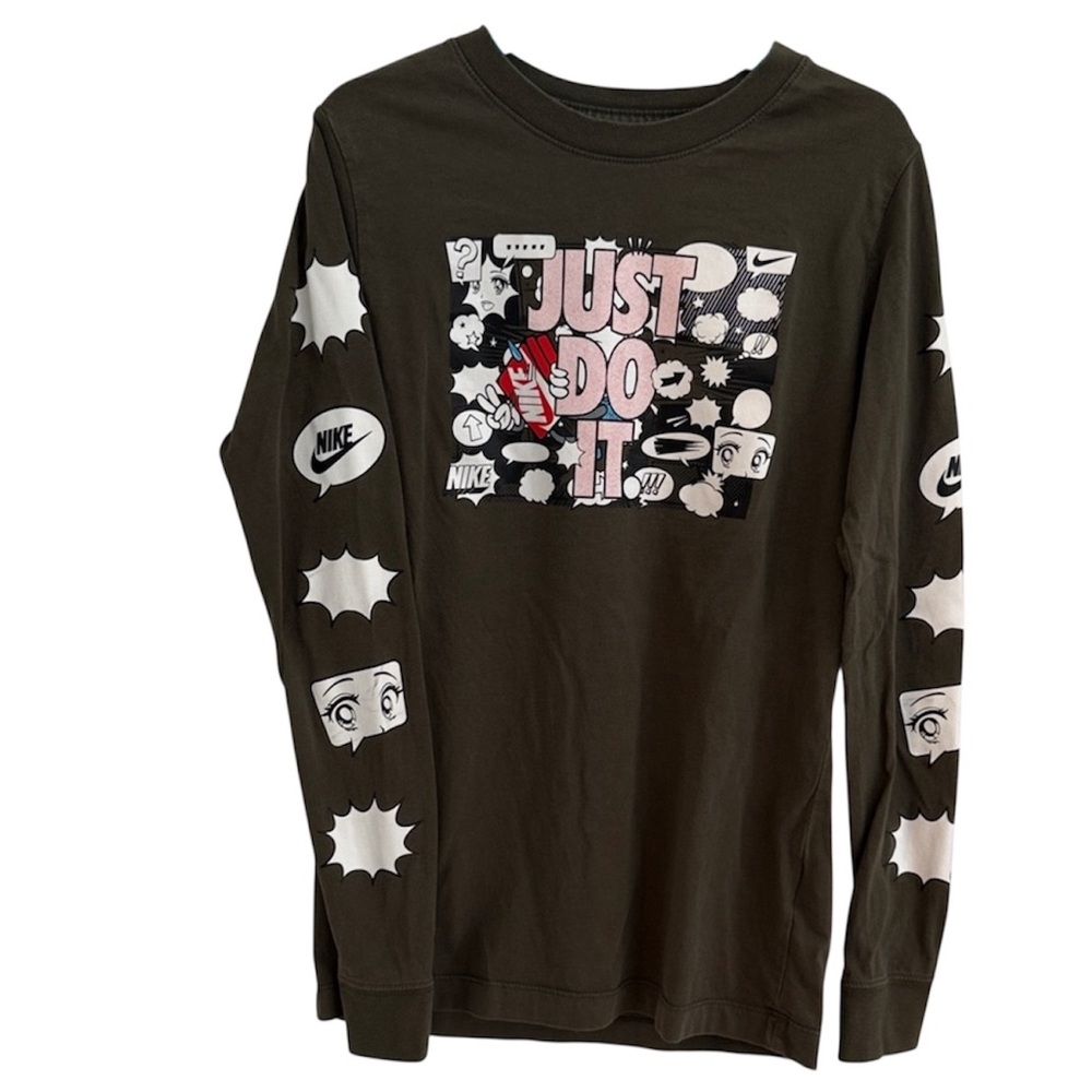 Nike Kids Long Sleeve Tee - Olive Green with Anime Comic Print